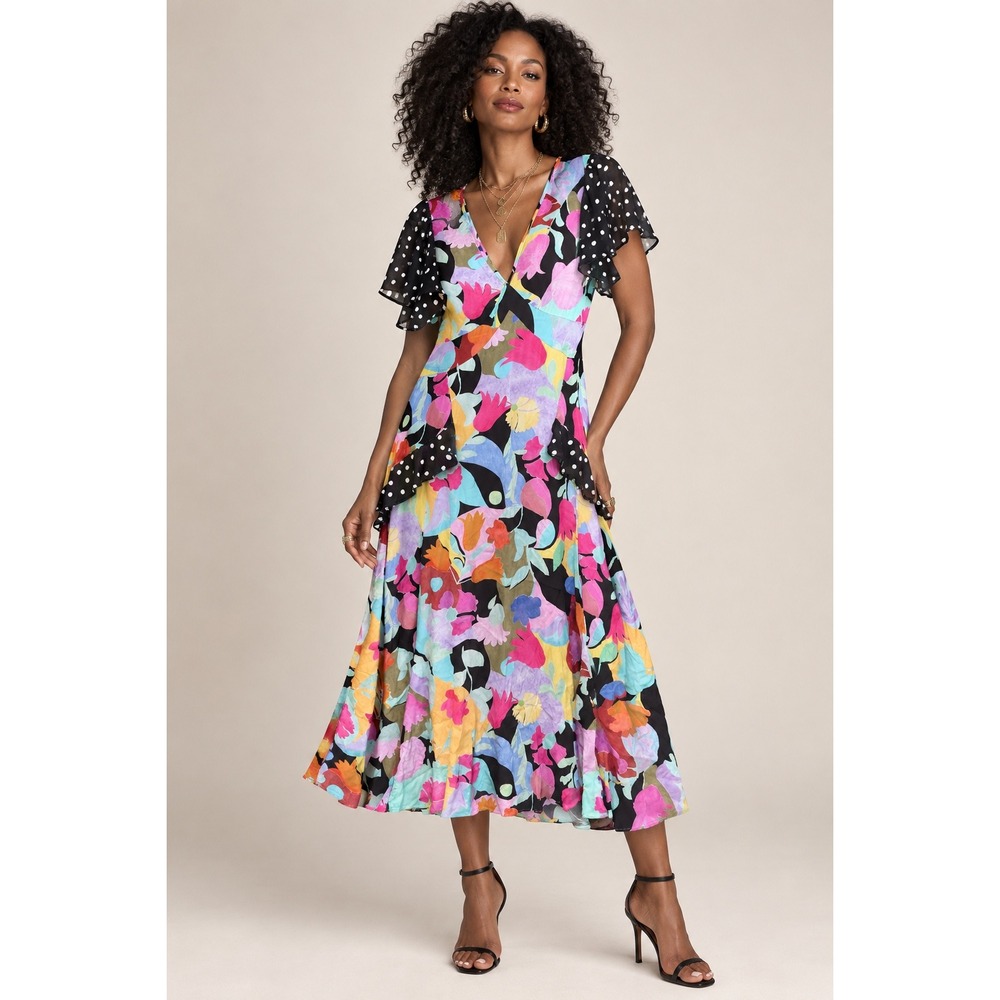 RIXO x RTR Floral Polka Dot Mixed Print V-Neck Flutter Sleeve Midi Dress Size M